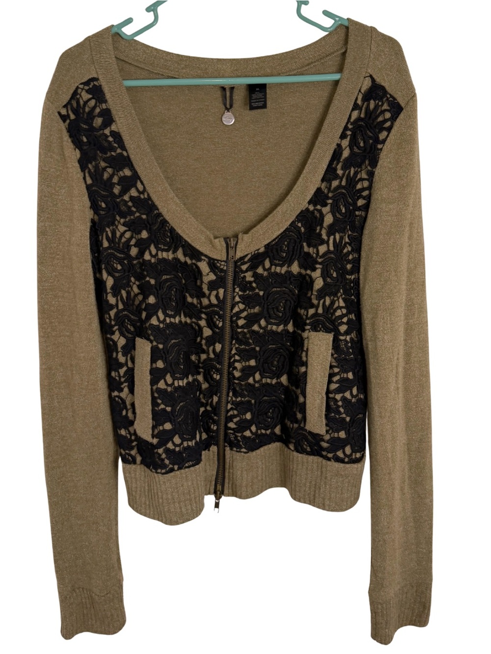 3/$20 BKE Boutique Olive Green Full Zip Cardigan with Black Lace Front Size XL